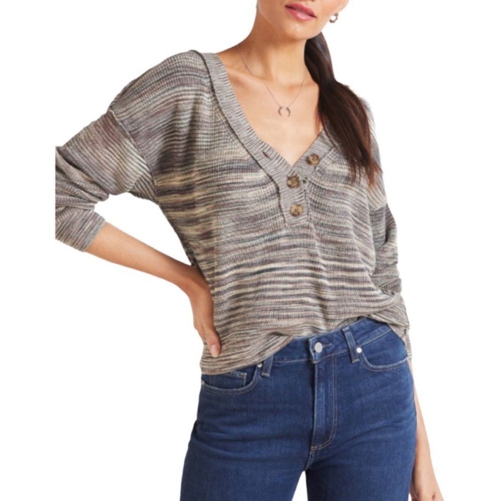 Free People Marble Ribbed Mercury Henley V Neck Button Front Crop Knit Sweater